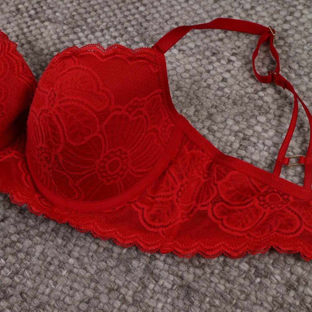 Aerie Push Up Bra Womens 32D Red Good Floral Lace Underwire Demi